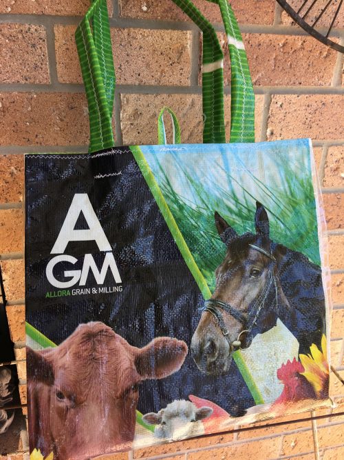 Repurposed Grain bag with Horse and Cow